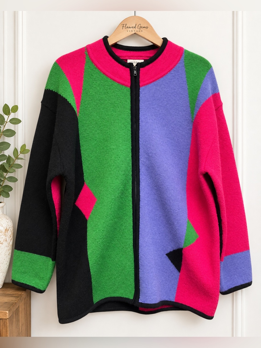 VTG Oversized 90s Coldwater Creek 100% Wool Colorblock Geometric Zip Sweater S